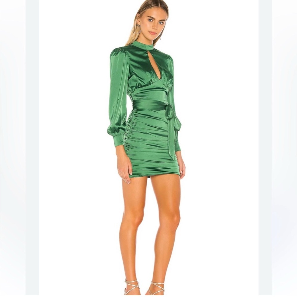MAJORELLE bristol Green Satin Long Sleeve ruched dress